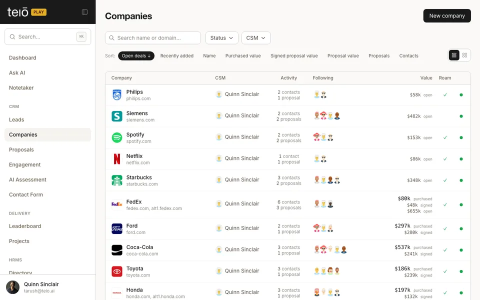 Click to view full screen teiō CRM — frame 1 of 10